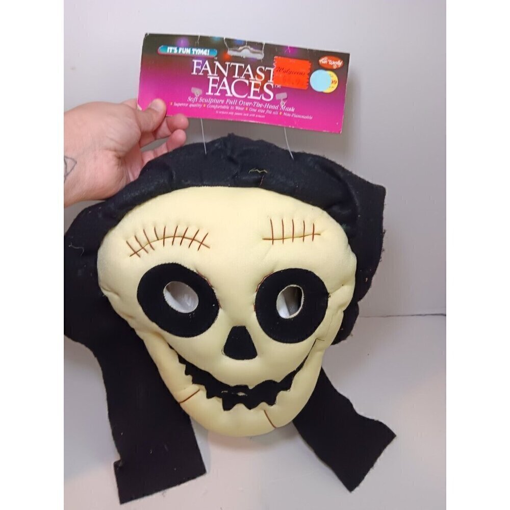 NOS Vintage Fun World Div Skeleton Hat Mask Halloween Plush 3D Face Scars RARE